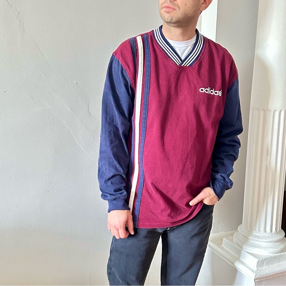 Vintage 90s Adidas Long-Sleeve Shirt Made in Canada Burgundy and Navy Rare Find